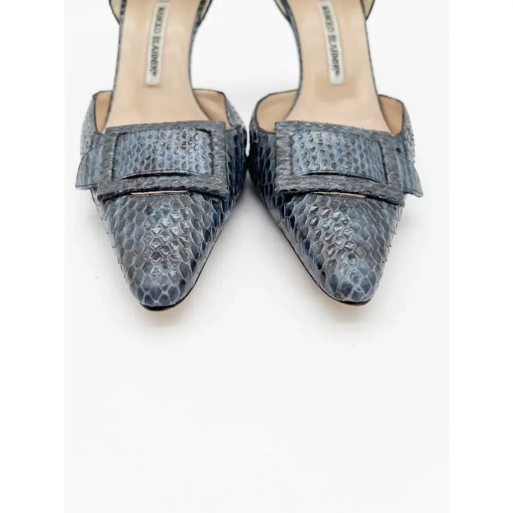 Manolo Blahnik Vintage Blue Python Snakeskin Buckle Pointed Toe Heels IT 39.5